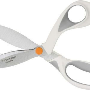 Fiskars SoftGrip PowerCut Fabric and Mixed Media Scissors - 8" Heavy Duty Scissors for Fabric, Cardboard, Cork, Decorative Metal and Foam Cutting with Serrated Blade Edge - White
