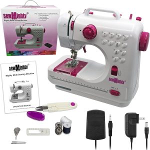 Mini Sewing Machine – Portable, Battery & AC Powered, 12 Programmed Stitch Patterns, Dual Speed – Sews Forward & Reverse, AC Power or Battery Operated – Includes Foot Pedal